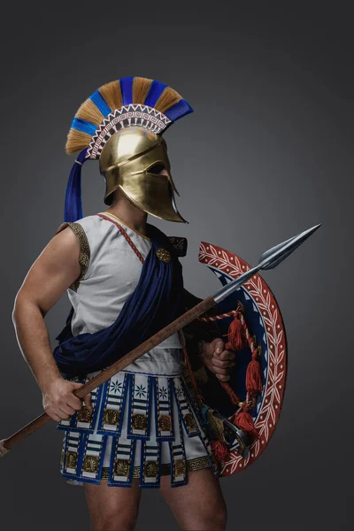 Retrato Guerreiro Grécia Antiga Vestido Túnica Capacete Dourado — Fotografia de Stock