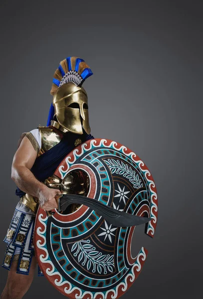 Skott Antika Svärdsmän Från Grekland Med Hjälm Och Rustning Som — Stockfoto