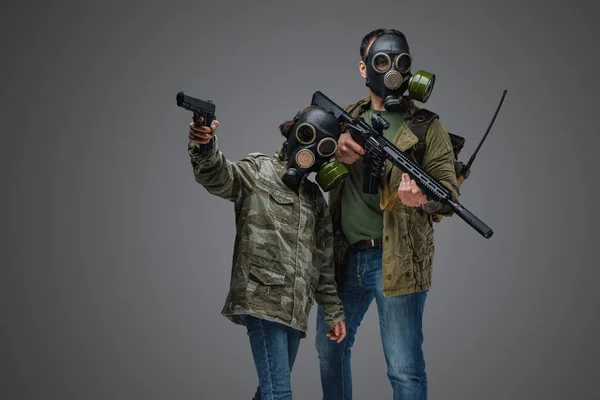 Shot Adult Man Young Girl Post Apocalyptic Style Gas Masks — Stok fotoğraf