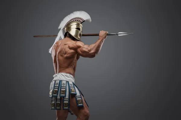 Shot Violent Greek Spearman Holding Spear Dressed Plumed Helmet — Stock Photo, Image