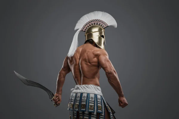 Shot Van Geïsoleerd Grijze Achtergrond Gespierde Krijger Uit Antiek Griekenland — Stockfoto