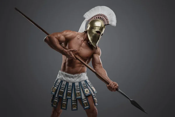 Portrait Strong Warrior Antique Greece Holding Spear Grey Background — Stock Photo, Image