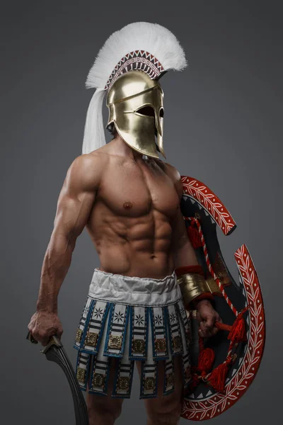 Shot Gorgeous Warrior Greece Naked Torso Holding Shield Sword — Stock Photo, Image