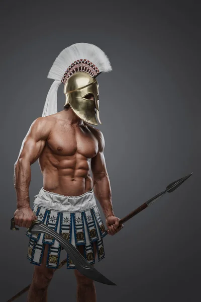 Portrait Strong Warrior Antique Greece Holding Spear Grey Background — Stock Photo, Image