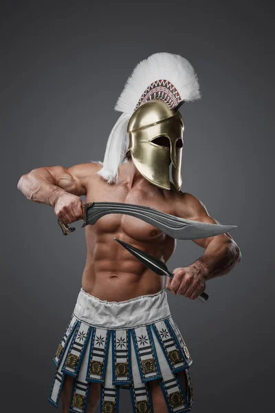 Shot Topless Warrior Greece Perfect Body Gray Background — Stock Photo, Image