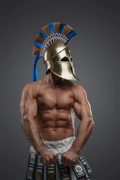Studio Shot Muscular Military Man Ancient Greece Gray Background — Stock Photo, Image