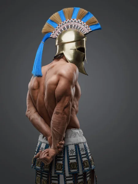 射击华丽的希腊战士与头盔和完美的身材与灰色背景 — 图库照片
