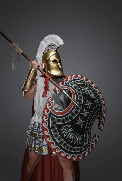 Студійний Знімок Воєнного Списа Античної Греції Сірому Фоні — стокове фото