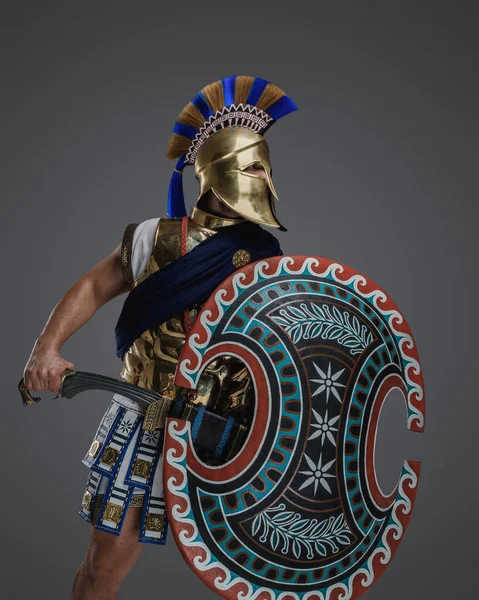 Porträtt Isolerad Grå Bakgrund General Från Antika Grekland Med Svärd — Stockfoto