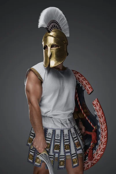 Przystojny Grecki Żołnierz Przeszłości Gladiusem Tarczą Wysokiej Jakości Zdjęcie — Zdjęcie stockowe