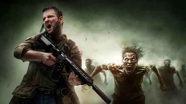 Porträtt Militär Man Med Pistol Attackerar Zombies Mot Glans Och — Stockfoto