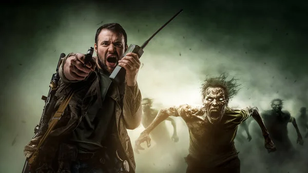 stock image Portrait of terrified man with handgun and risen zombies against shine and green background.