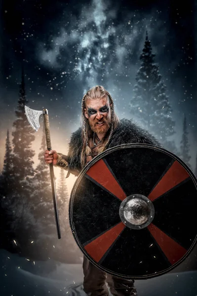 Portret Van Woedende Viking Met Zwart Bont Tegen Besneeuwd Bos — Stockfoto