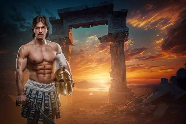 Porträt Eines Schwertkämpfers Aus Dem Antiken Griechenland Der Vor Bewölktem — Stockfoto