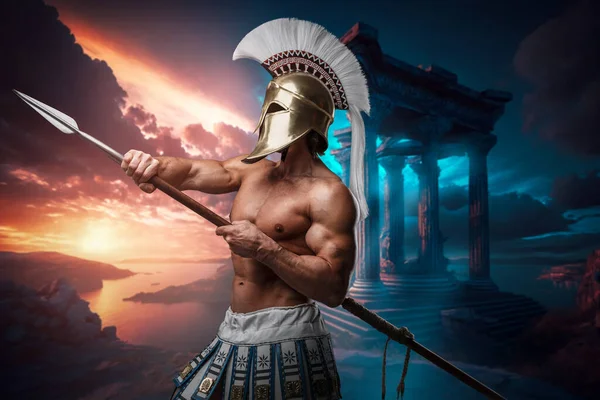 Porträtt Antik Krigare Från Grekland Med Muskeluppbyggnad Och Spjut — Stockfoto