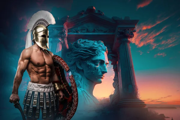 Art Muscular Warrior Ancient Greece Naked Torso Holding Shield Sword Stock Picture