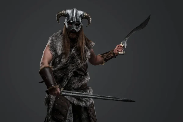 Portrait Ancient Scandinavian Warrior Dual Swords Staring Camera — Stock Photo, Image