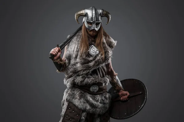 Portrait Barbaric Scandinavian Warrior Long Hairs Holding Shield Sword — Stock Photo, Image