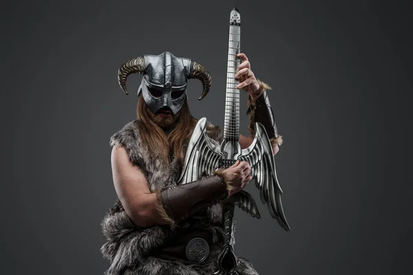 Portrait Viking Ecstasy Dressed Fur Helmet Playing Electric Guitar — Stock Photo, Image