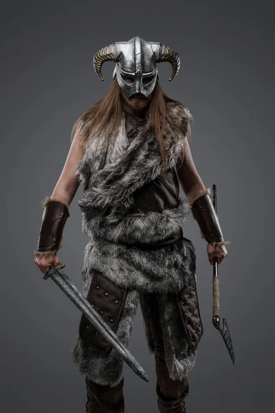 Shot Scandinavian Warrior Dressed Fur Holding Sword Axe Grey Background — Stock Photo, Image