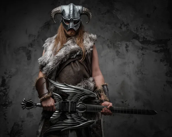 Studio Shot Scandinavian Barbarian Guitar Horned Helmet — Stock Photo, Image