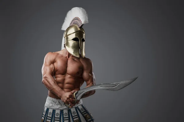 Portrait Shirtless Greek Soldier Strong Body Holding Sword — Stock Photo, Image