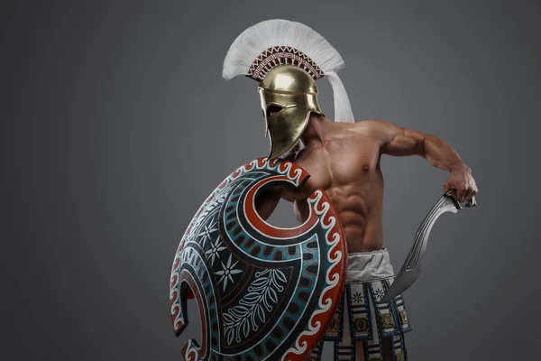 裸の胴を持つ盾と剣でギリシャから豪華な戦士のショット — ストック写真