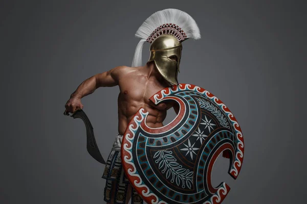 Shot Gorgeous Warrior Greece Naked Torso Holding Shield Sword — Stock Photo, Image