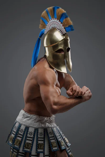 Studio Skott Muskulös Militär Man Från Antikens Grekland Mot Grå — Stockfoto