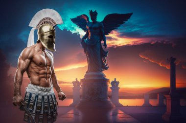 Antik Yunan 'dan kalma çıplak gövdeli ve tüylü miğferli güçlü savaşçı sanatı..