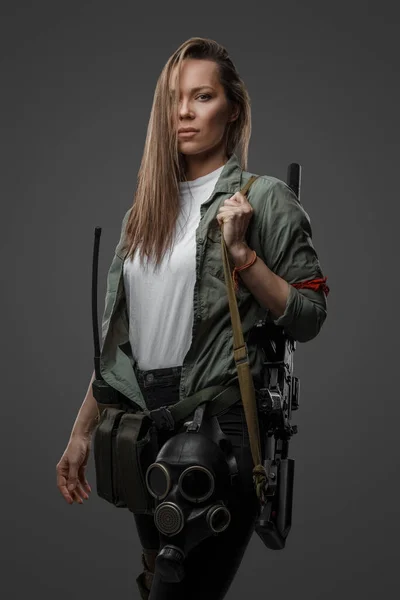 Portrait Femme Tueur Avec Fusil Dans Style Post Apocalyptique Sur — Photo