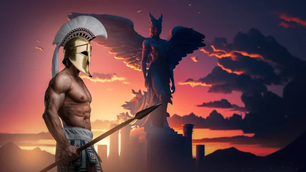 Портрет Древнего Воина Греции Мускулистым Телосложением Копьём — стоковое фото