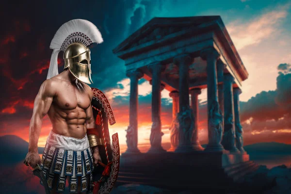 Art Muscular Warrior Ancient Greece Naked Torso Holding Shield Sword — Stock Photo, Image