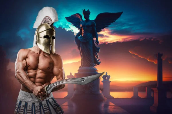 Konst Naken Grekisk Soldat Från Förr Med Muskulös Uppbyggnad Mot — Stockfoto