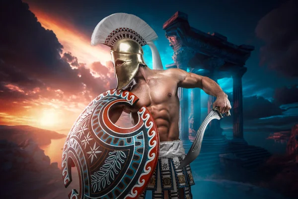 Konst Soldat Från Antikens Grekland Med Naken Överkropp Och Pluggad — Stockfoto