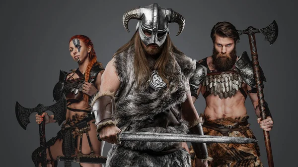 Portrait Three Scandinavian Warriors Fur Grey Background — Stock Photo, Image