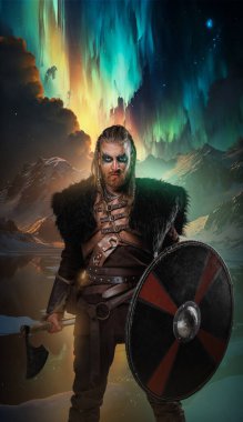 Dağlara karşı kürk ve zırh giymiş vahşi İskandinav savaşçısı sanatı..