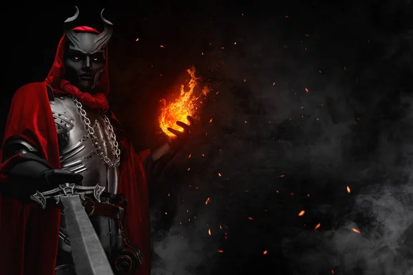 Portrait Evil Sorcerer Fireball Dressed Red Robe Horned Mask — Stock Photo, Image