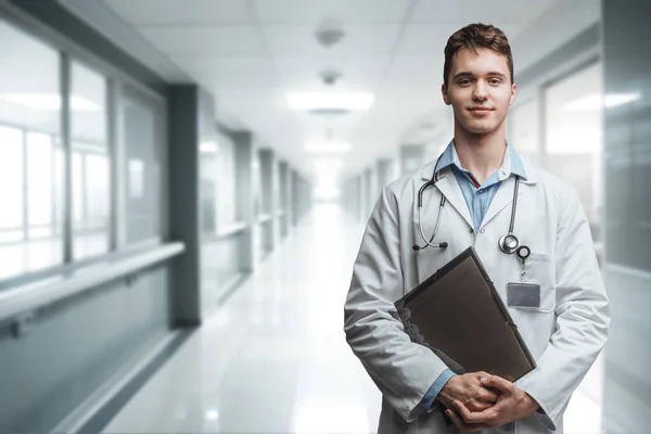 Portrait Professional Male Doctor White Robe Modern Hospital — Stock Photo, Image