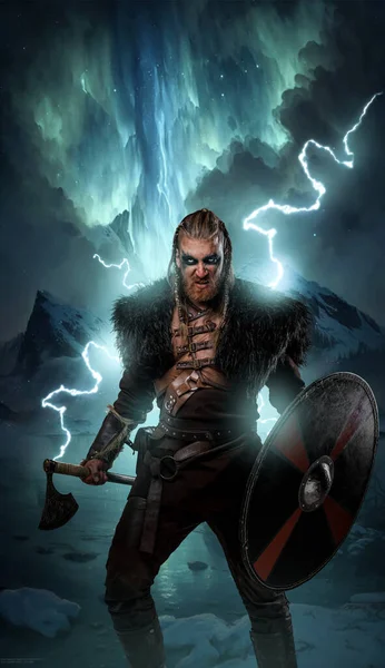 Konst Aggressiv Viking Med Sköld Och Yxa Mot Storm Och — Stockfoto