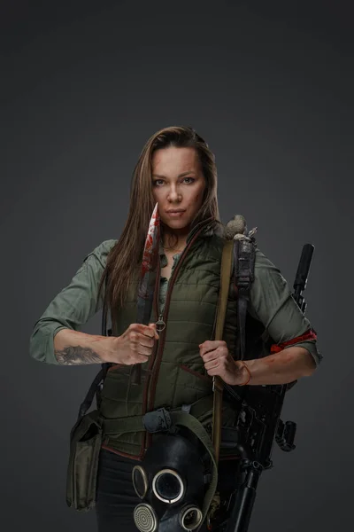 Portrait Brown Haired Woman Mercenary Setting Post Apocalypse — Stock Photo, Image