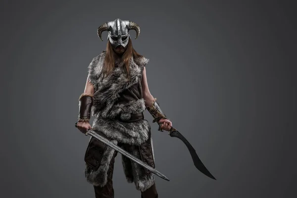 Portrait Ancient Scandinavian Warrior Dual Swords Staring Camera — Stock Photo, Image
