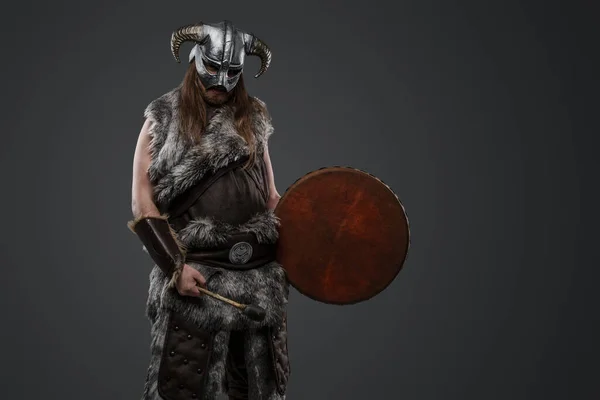 Portrait Barbaric Warrior North Drum Dressed Fur Helmet — Stock Photo, Image