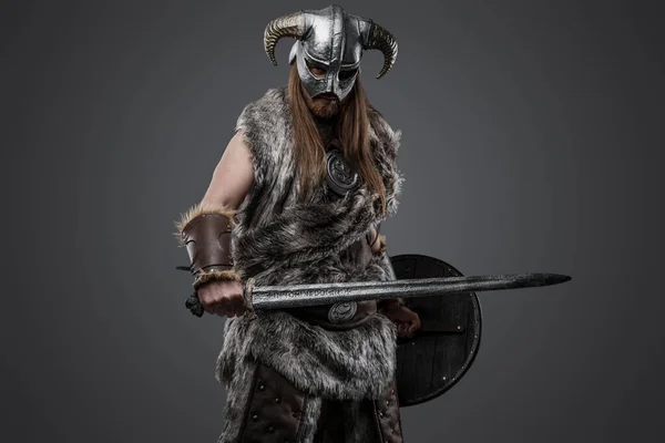 Portrait Barbaric Scandinavian Warrior Long Hairs Holding Shield Sword — Stock Photo, Image
