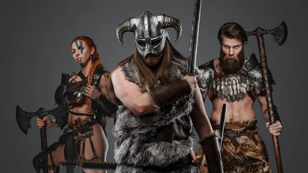 Portrait Three Scandinavian Warriors Fur Grey Background — Stock Photo, Image