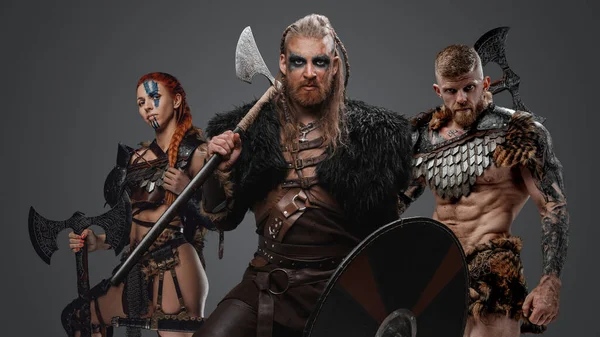 Studio Shot Ancient Vikings Fur Axes Gray Background — Stock Photo, Image
