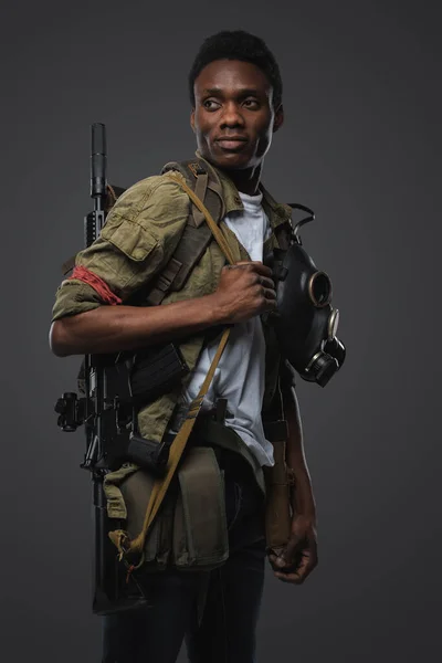 Shot Black Soldier Post Apocalyptic Setting Dressed Uniform Holding Rifle — Stock Photo, Image