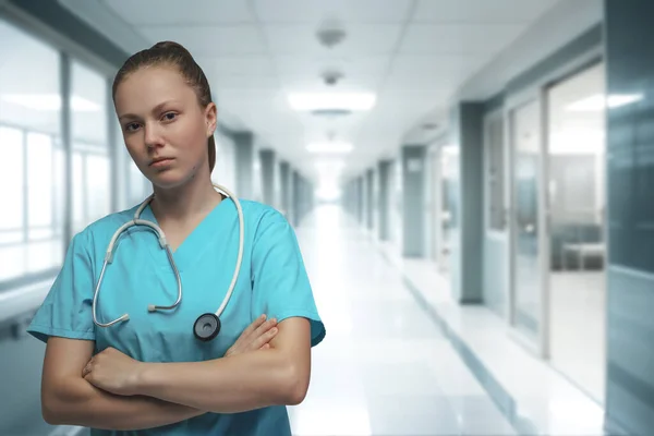 Prise Vue Infirmière Professionnelle Avec Robe Bleue Posant Avec Les — Photo