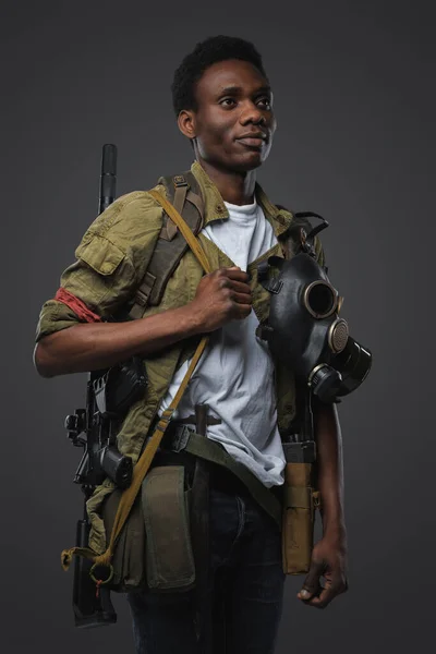 Shot Rebel African Ethnic Post Apocalyptic Style Grey Background — Stock Photo, Image