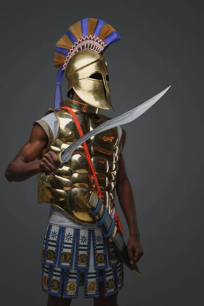灰色の背景に黄金の鎧と黒ギリシャの戦士のショット — ストック写真